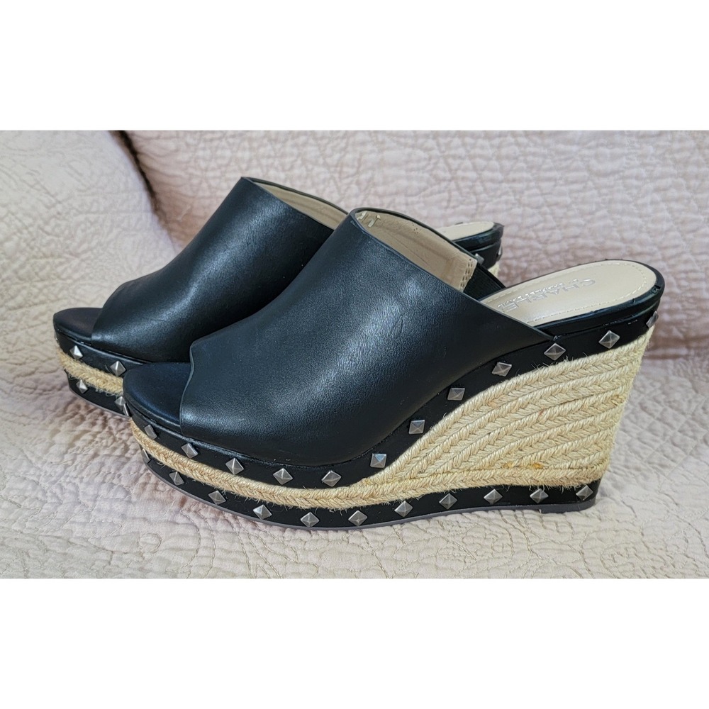 Charles by Charles David Womens Black Studded Espadrille Wedge Mule Sandals 10